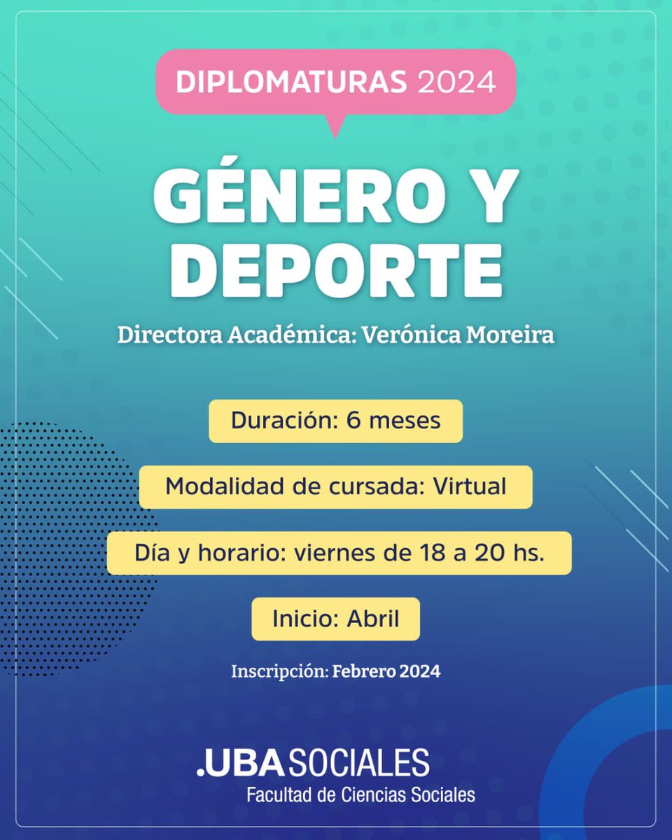 nemehijos's tweet photo. 📢 Ya abrió la inscripción para la Diplomatura en #Género y #Deporte de @ubasociales

🎖Declarada de interés deportivo por @LegisCABA y con el apoyo de la Secretaría de Deportes de la Nación

🖥️ Modalidad virtual
📅 Cursada de abril a septiembre
➕info en: https://t.co/IAmebRusBz https://t.co/uWnVSf8YGH