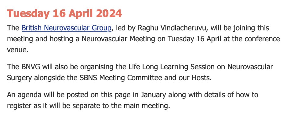 A reminder that registration is open for the Spring SBNS meeting in Edinburgh

tinyurl.com/bdd9rafd

Its all set to be a great meeting

<a href="/BritNeurovasc/">BNVG</a> meeting on 16/4/24