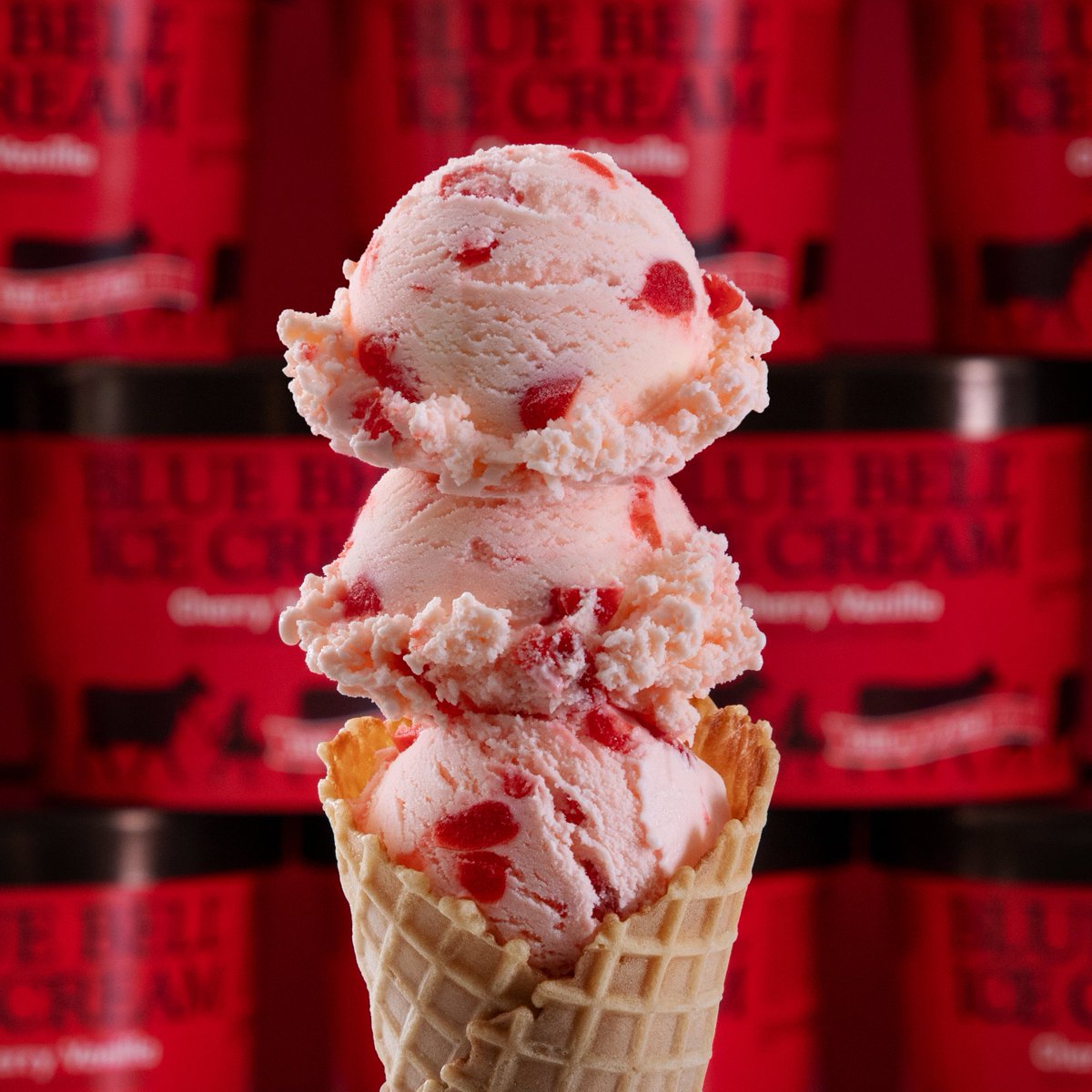 ILoveBlueBell's tweet photo. Who needs a cherry on top when you can have so many cherries in one scoop of Blue Bell? 🍒Our Cherry Vanilla Ice Cream combines maraschino cherry halves with a smooth, creamy vanilla ice cream.  Available in the pint and half gallon sizes. https://t.co/9BBr58qYJb