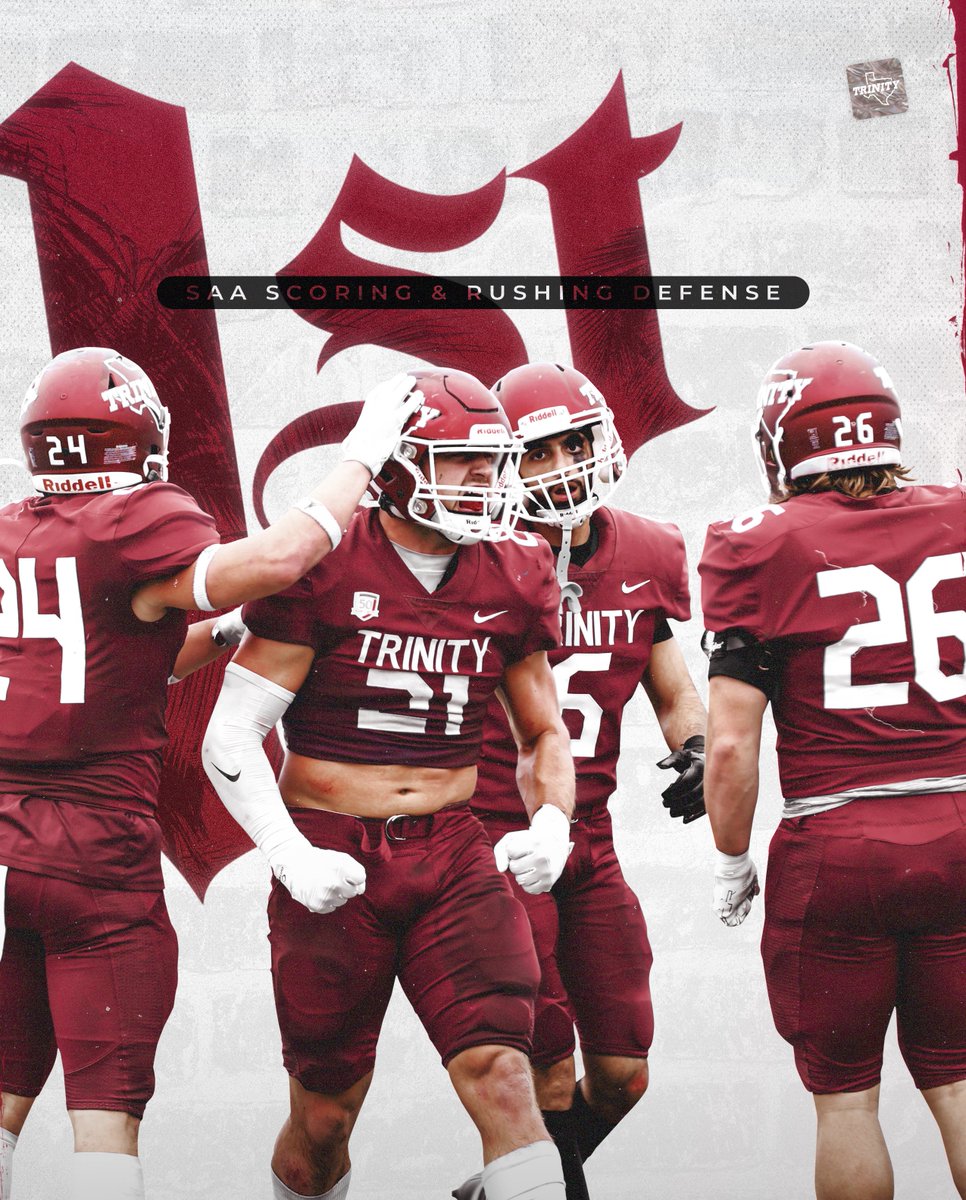 Pursuing Defensive Excellence 

Trinity has a reputation of nationally ranked Defenses (2022 #2 Nationally). In 2023, they finished #1 in the SAA in both scoring &amp; rushing. Furthermore, Trinity’s Defense has been SAA’s best scoring defense EACH year since 2018. 

#BeTheStandard