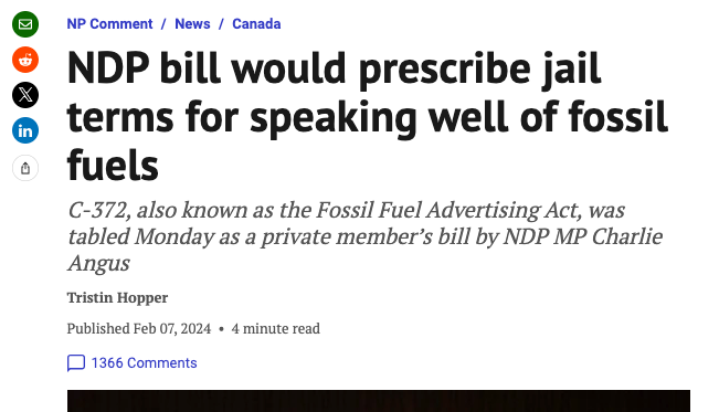 The <a href="/nationalpost/">National Post</a> article claims there is an outrageous new bill to jail ordinary citizens who speak up for oil and gas.
Wild story.
But not true.
Bill #C372 is limited to corporate campaigns making false claims about the "benefits" of burning fossil fuels as the planet burns.