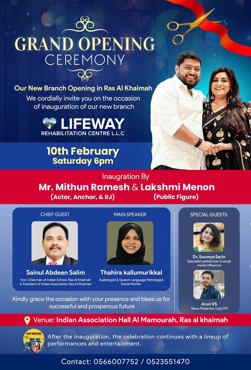 We are delighted to extend our warmest invitation to you for the grand opening ceremony of our new branch, Lifeway Rehabilitation Center, in Ras Al Khaimah.

#lifeway #rehabilitation #rehabilitationcenter #mithunramesh #LakshmiMenon