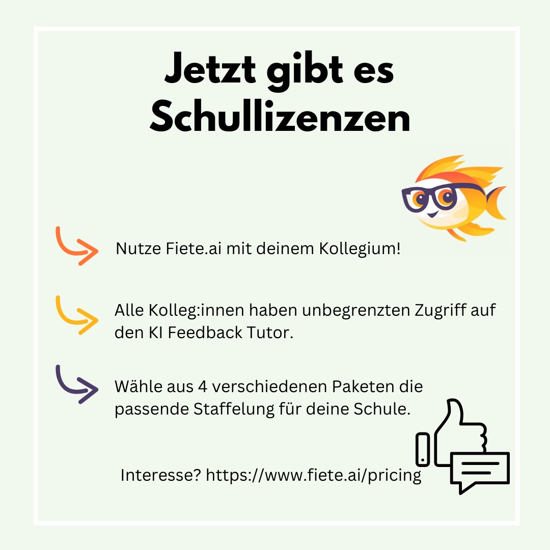Ach, übrigens...

Kostenloses, unverbindliches Angebot für Fiete Schullizenzen: fiete.ai/pricing