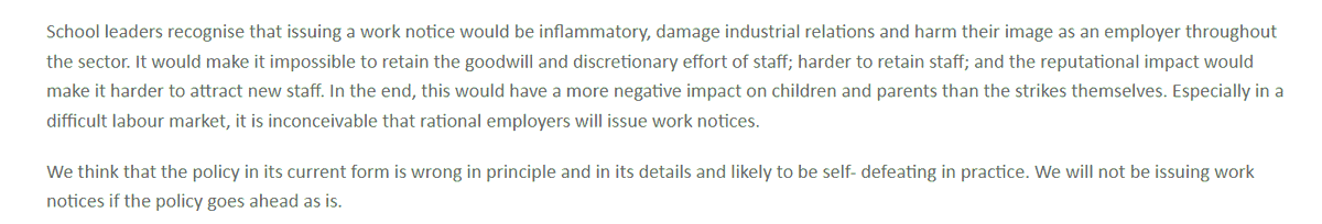 Samfr's tweet photo. Response from one of the largest Multi Academy Trusts to government plans to introduce a "minimum service level" re: teacher strikes.

"The policy in its current form is wrong in principle and in its details and likely to be self- defeating in practice."

https://t.co/aPJWaGjbIA https://t.co/7gIO47CAoi