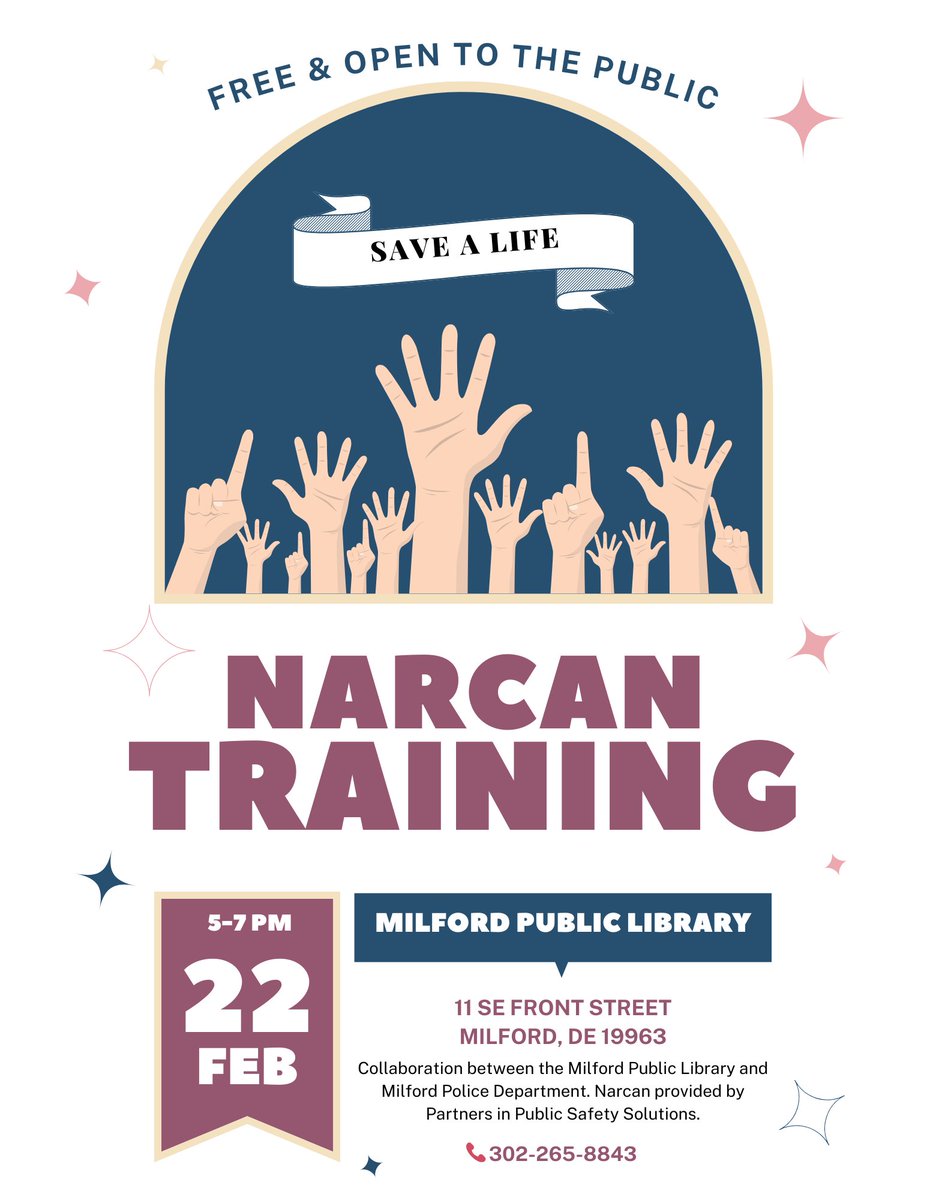 Free Narcan Training with our Behavioral Health Unit in partnership with the Milford Public Library and Partners in Public Safety Solutions on February 22nd from 5 p.m. to 7 p.m.!
