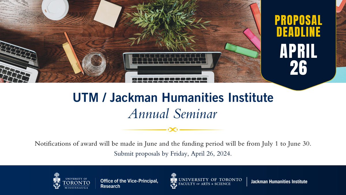 DEADLINE: APR 26 | We're now accepting proposals for the UTM/JHI Annual Seminar! This program aims to create an intellectual community that addresses a topic of scholarly importance and which includes a public humanities component. #UTM Visit uoft.me/JHI-SEM24 for details.