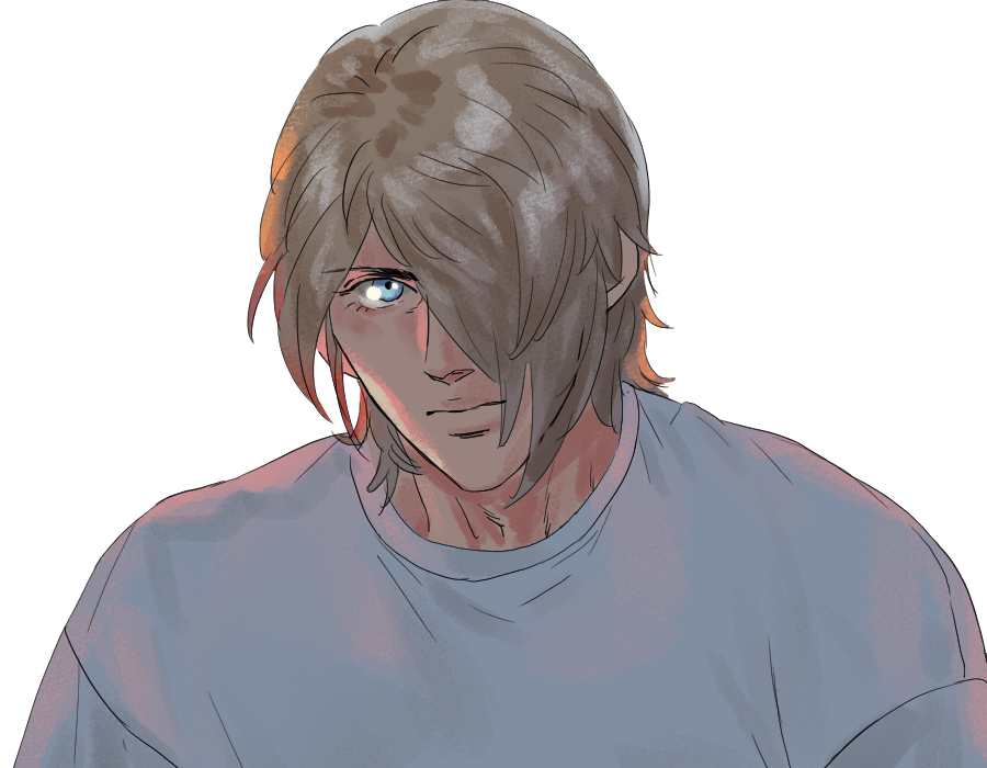 1boy male focus solo hair over one eye blue eyes white background shirt  illustration images