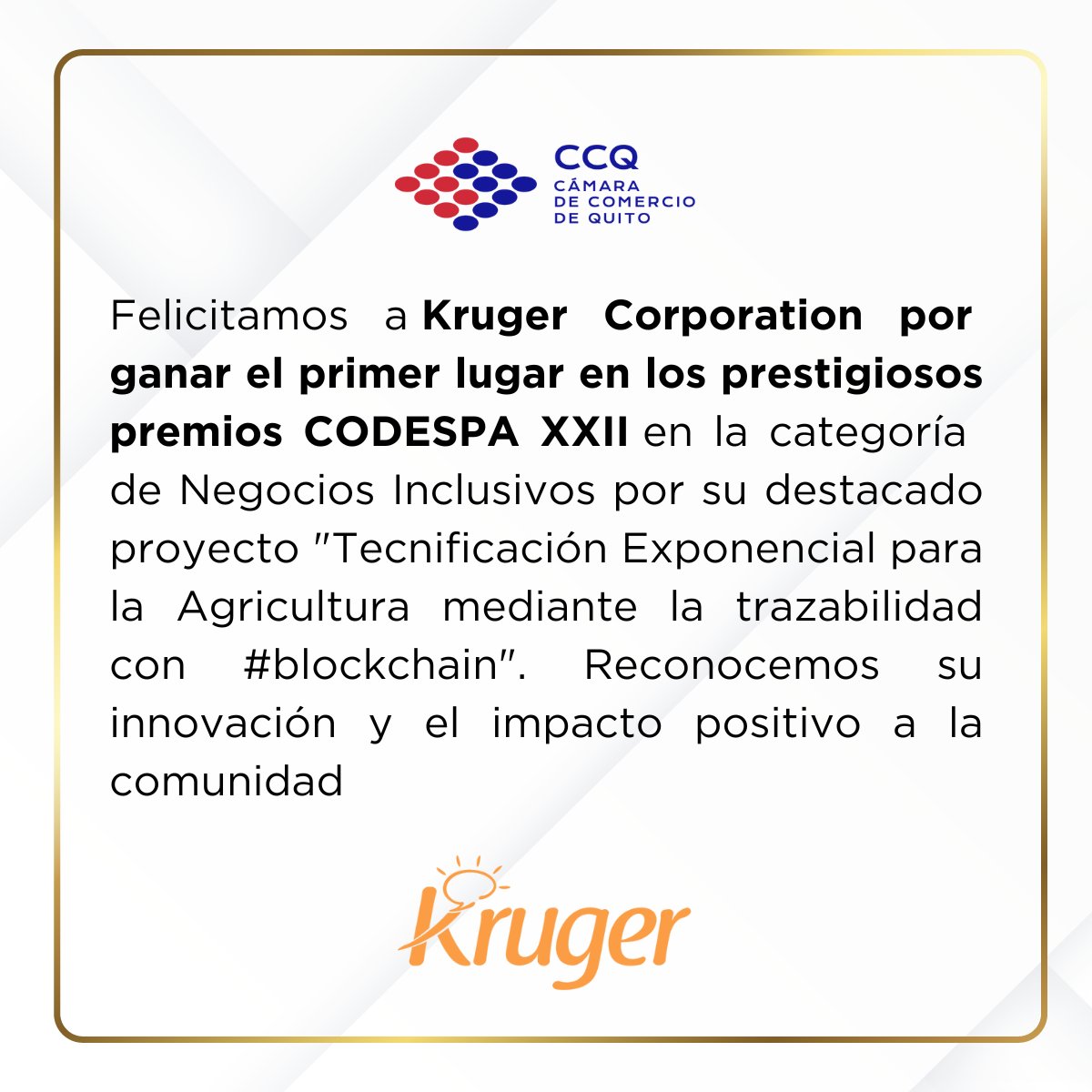 lacamaradequito's tweet photo. ⭐️Felicitamos a nuestro socio, @krugercorp  por obtener el primer lugar en los premios @Codespa XXII en la categoría negocios inclusivos, que se llevó acabo en Madrid y fue otorgado por Felipe Vl, Rey de España. 👏 https://t.co/a6taiP93R4