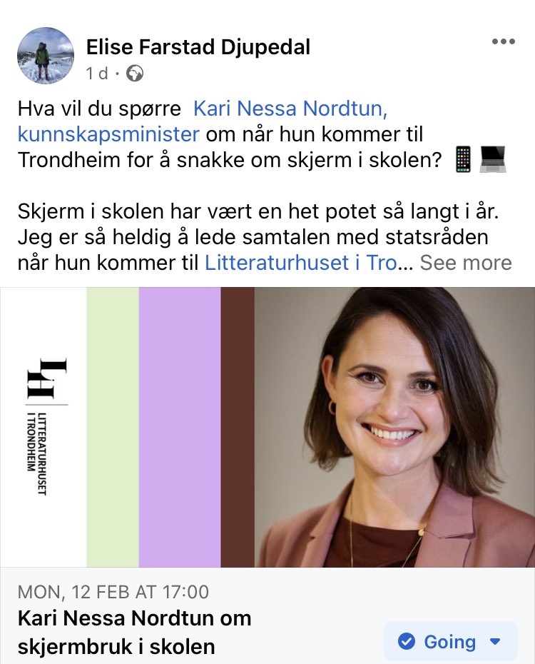 Elise Farstad Djupedal (@elisedjupedal) on Twitter photo Hva skal jeg spørre Kari Nessa Nordtun <a href="/Kunnskapsdep/">Kunnskapsdepartement</a> om når hun kommer til Trondheim for å snakke om skjerm i skolen? <a href="/KroghLiv/">Cathrine Krogh</a> @akaSnurreleif @Larerbloggen Tagg gjerne interesserte. <a href="/LitthusTrd/">Litteraturhuset i Trondheim</a> Hva skal jeg spørre Kari Nessa Nordtun <a href="/Kunnskapsdep/">Kunnskapsdepartement</a> om når hun kommer til Trondheim for å snakke om skjerm i skolen? <a href="/KroghLiv/">Cathrine Krogh</a> @akaSnurreleif @Larerbloggen Tagg gjerne interesserte. <a href="/LitthusTrd/">Litteraturhuset i Trondheim</a>