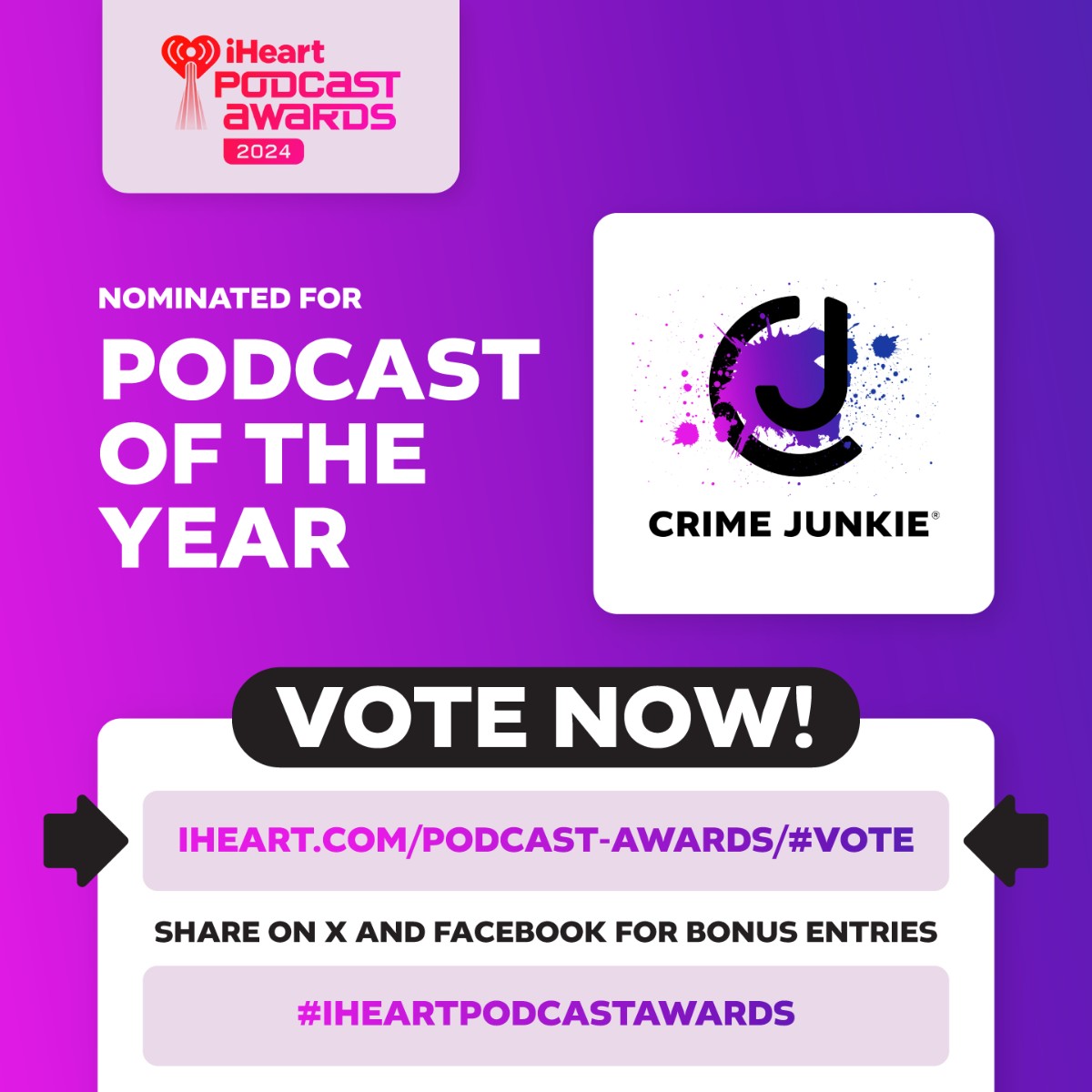 Crime Junkie is up for iHeart’s Podcast of the Year Award! First, THANK YOU 💜 None of this would happen without YOU! Second… you can vote here: iheart.com/podcast-awards… Share your vote here on X after you're done for bonus entries! Be sure to include #IHEARTPODCASTAWARDS! 🤩✨