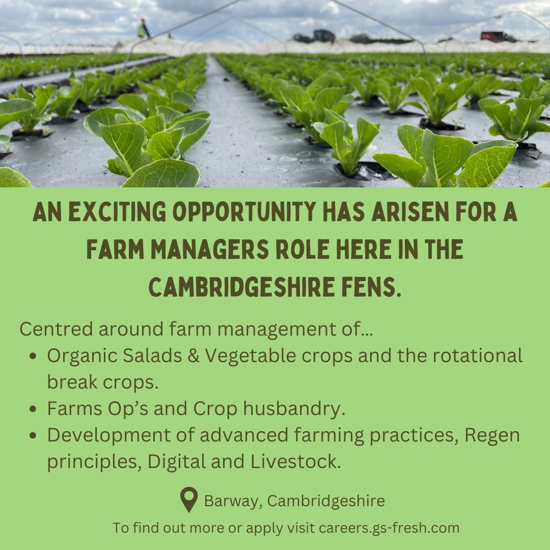 Incredible opportunity for a Farm managers role here in Cambs. These roles don’t come around very often, apply to careers.gs-fresh.com/job/511632 for more information on what’s on offer.