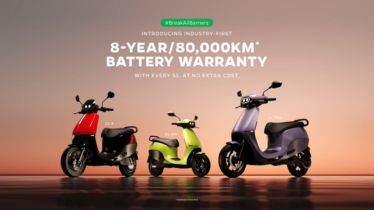 shankarttp's tweet image. It’s time for you to switch to India’s #1EV @OlaElectric
 #BreakAllBarriers.

Battery Warranty 🔋
Introducing industry-first 8-year/80,000km battery warranty. With every S1. At no extra cost.
That means the S1 now has 2X* the life of a petrol scooter #EVChampion