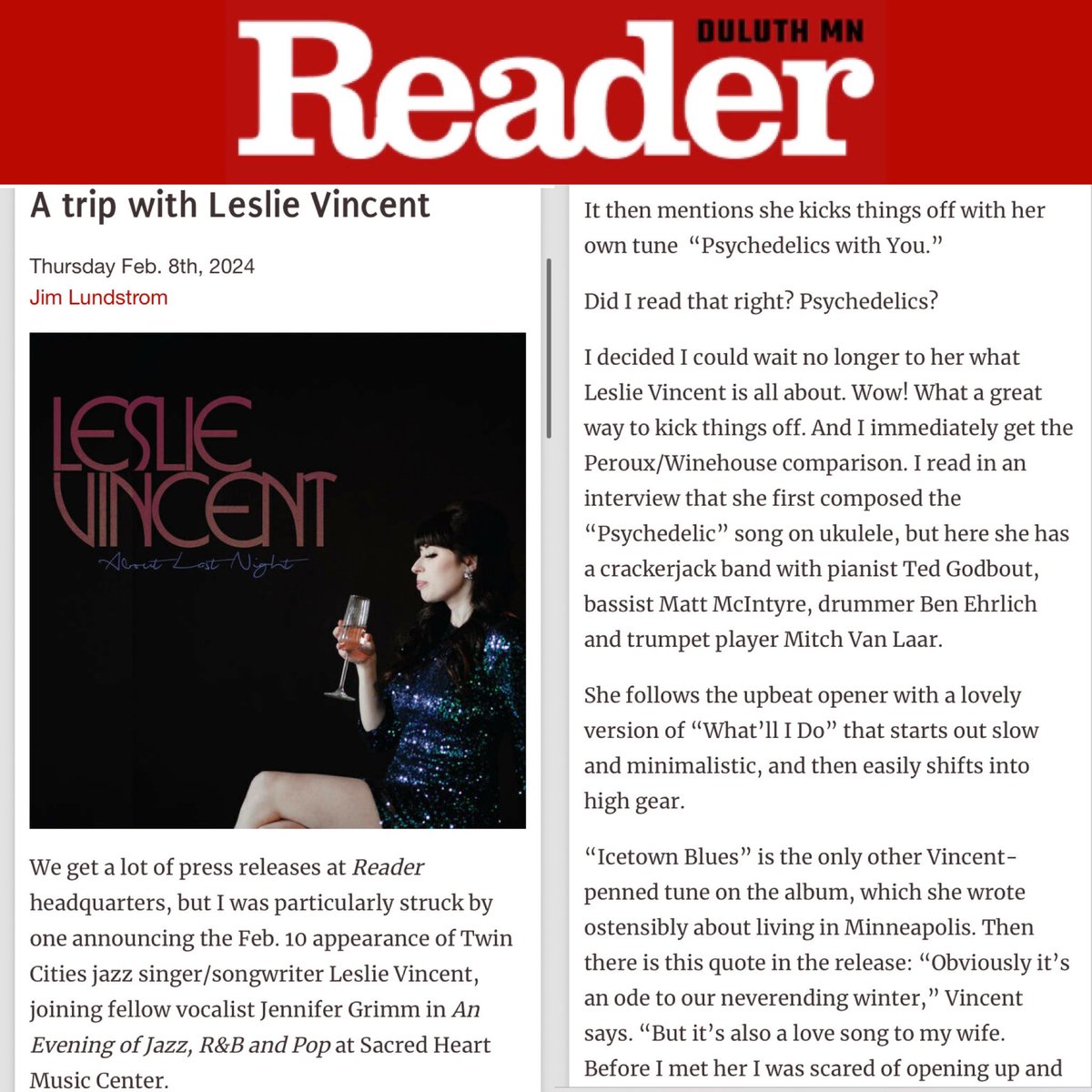 Big thanks to <a href="/DuluthReader/">Duluth Reader Weekly</a> for the nice writeup on <a href="/lesliedvincent/">Leslie Vincent</a>, previewing Saturday’s show at Sacred Heart! And thanks to Jim Lundstrom for actually reading my full press release!🤓 

👓 Read full article: duluthreader.com/articles/2024/…
🎟️ Tix + show info: sacredheartmusic.org/events/