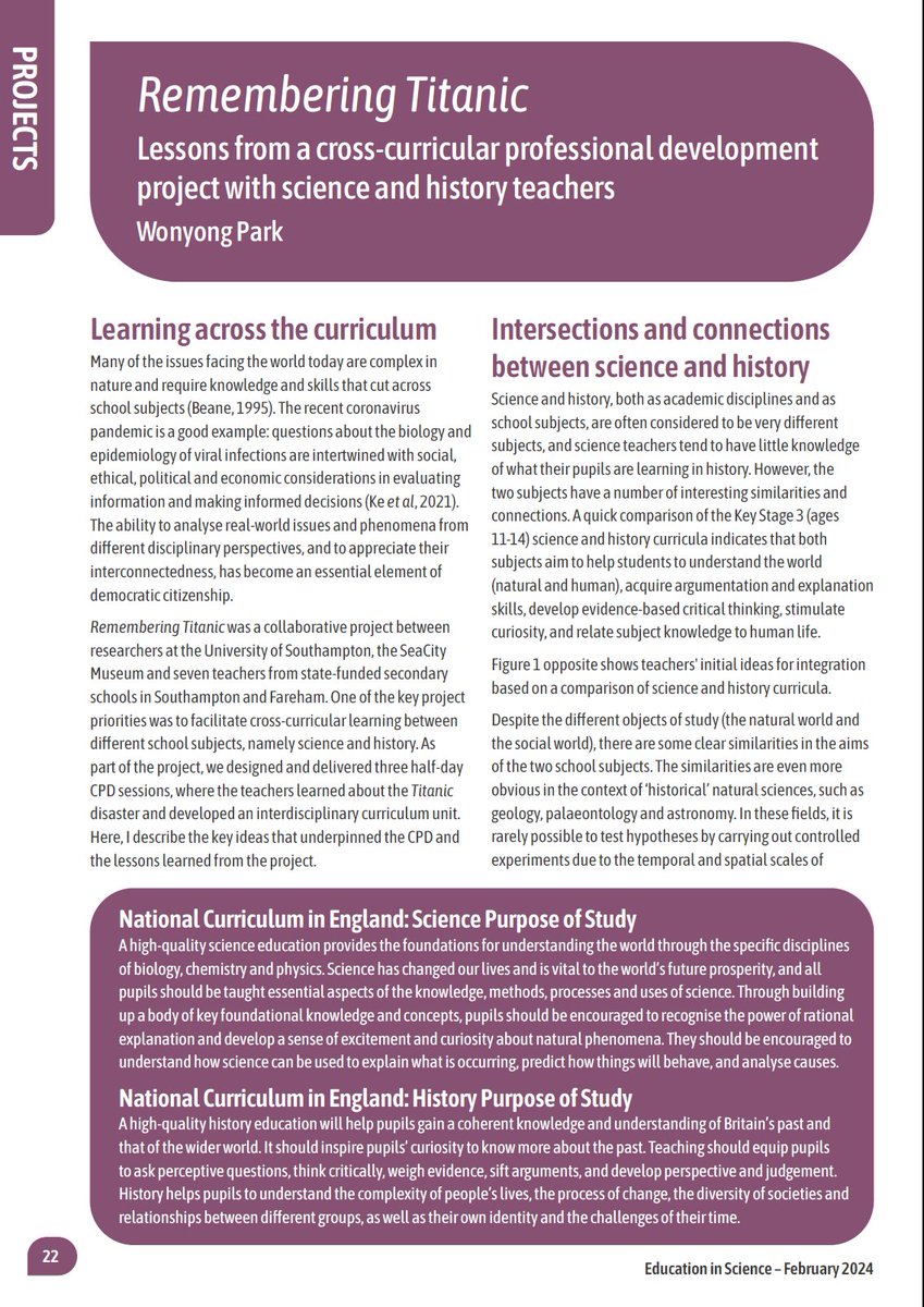 WonyongPark89's tweet photo. Hot off the press - Here's a brief summary of our #RememberingTitanic project 🚢 (collaboration b/w @SotonEd and @SeaCityMuseum), published in #EducationInScience @theASE. Read about our approach to cross-curricular learning and CPD. https://t.co/TlWS0IOBQF https://t.co/vmw7oQfG5I