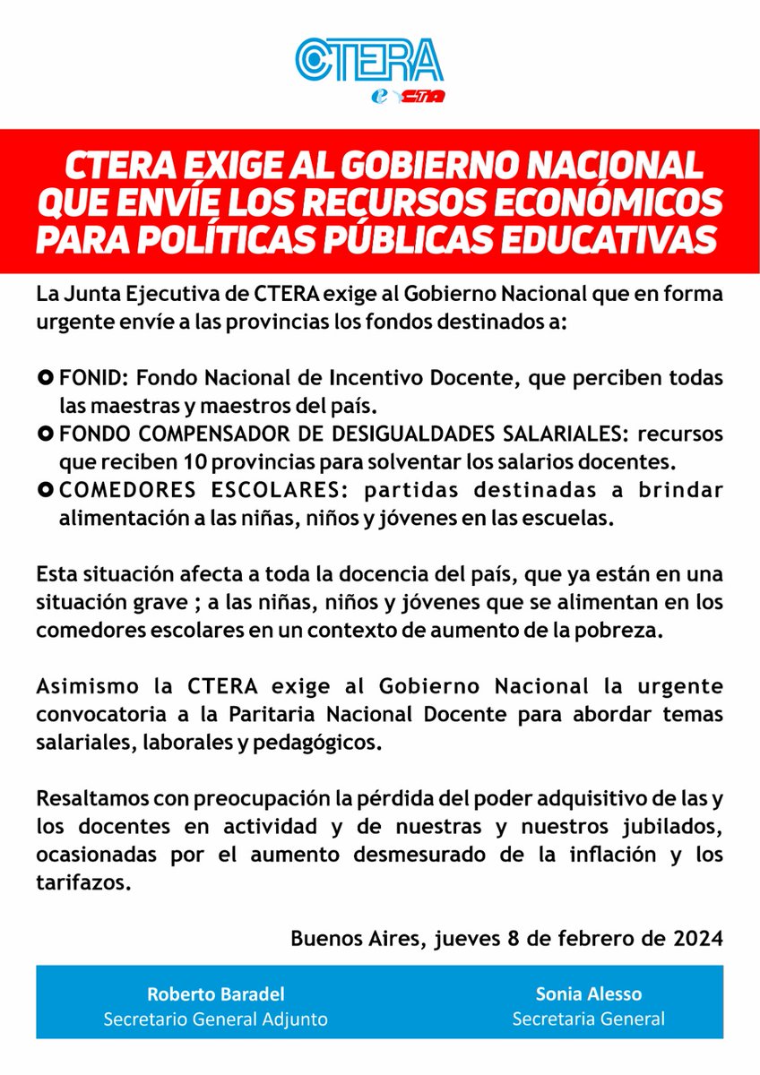 sutemendoza's tweet photo. -URGENTE COMUNICADO DE LA CONFEDERACIÓN DE TRABAJADORES/AS DE LA EDUCACIÓN DE ARGENTINA, CTERA-

👉La situación afecta a todas y todos los trabajadores de la Educación del país y a todos los niños, niñas y jóvenes que se alimentan en los comedores. https://t.co/PniJyZ2dxQ