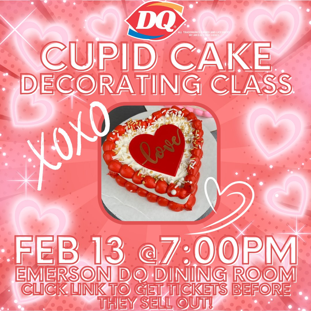 dq_emerson's tweet photo. Sign Up here: https://t.co/C7sGW4aKZc

Join our cake decorators in a step by step cake decorating class! Each attendee will receive their own heart shaped DQ Cupid Cake (serves about 3) to decorate with bags of icing and Sprinkles! Finished cakes will be boxed to take home. https://t.co/ViO4HaUGey