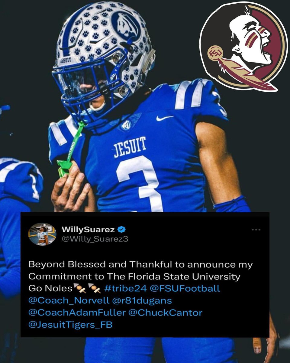 LetsGoNolez (@lets_go_nolez) on Twitter photo ICYMI: 2024 Athlete <a href="/Willy_Suarez3/">WillySuarez</a> Has Committed To #FSU As A Preferred Walk-On.🔥🍢
The 5’11 185lbs Tampa, FL Native From Jesuit High School Chose #FSU Over Other Schools Like Army, Air Force, USF, UCF, & Others.
Welcome To The Tribe🍢🍢🍢
#GoNoles #Tribe24 #KeepCLIMBing ICYMI: 2024 Athlete <a href="/Willy_Suarez3/">WillySuarez</a> Has Committed To #FSU As A Preferred Walk-On.🔥🍢
The 5’11 185lbs Tampa, FL Native From Jesuit High School Chose #FSU Over Other Schools Like Army, Air Force, USF, UCF, & Others.
Welcome To The Tribe🍢🍢🍢
#GoNoles #Tribe24 #KeepCLIMBing