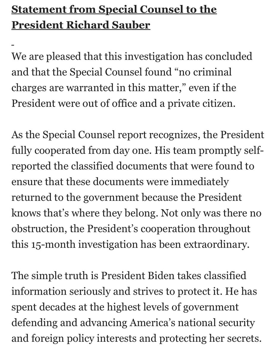 edokeefe's tweet image. INBOX: White House Special Counsel responds to the #HurReport: “The simple truth is President Biden takes classified information seriously and strives to protect it.”

“We disagree with a number of inaccurate and inappropriate comments in the Special Counsel’s report.”
