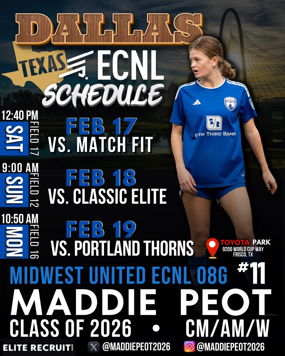 Maddie Peot : 2026 : CM/AM/W #8 (@maddiepeot2026) on Twitter photo Heading south soon <a href="/ECNLgirls/">ECNL Girls</a> Dallas Showcase . Schedule ⬇️
#teamgoals
#WeAreUnited
#TrustTheProcess
<a href="/MUFCAcademyMI/">Midwest United FC Academy</a>
<a href="/ImCollegeSoccer/">College Soccer Truth ™</a>
<a href="/TopDrawerSoccer/">TopDrawerSoccer</a>
<a href="/PrepSoccer/">Prep Soccer ⚽️</a>
<a href="/ImYouthSoccer/">ECNL/GA/Recruiting/College Soccer</a>
@SoccerMomInt
<a href="/StewGivens/">Stewart Givens</a> Heading south soon <a href="/ECNLgirls/">ECNL Girls</a> Dallas Showcase . Schedule ⬇️
#teamgoals
#WeAreUnited
#TrustTheProcess
<a href="/MUFCAcademyMI/">Midwest United FC Academy</a>
<a href="/ImCollegeSoccer/">College Soccer Truth ™</a>
<a href="/TopDrawerSoccer/">TopDrawerSoccer</a>
<a href="/PrepSoccer/">Prep Soccer ⚽️</a>
<a href="/ImYouthSoccer/">ECNL/GA/Recruiting/College Soccer</a>
@SoccerMomInt
<a href="/StewGivens/">Stewart Givens</a>