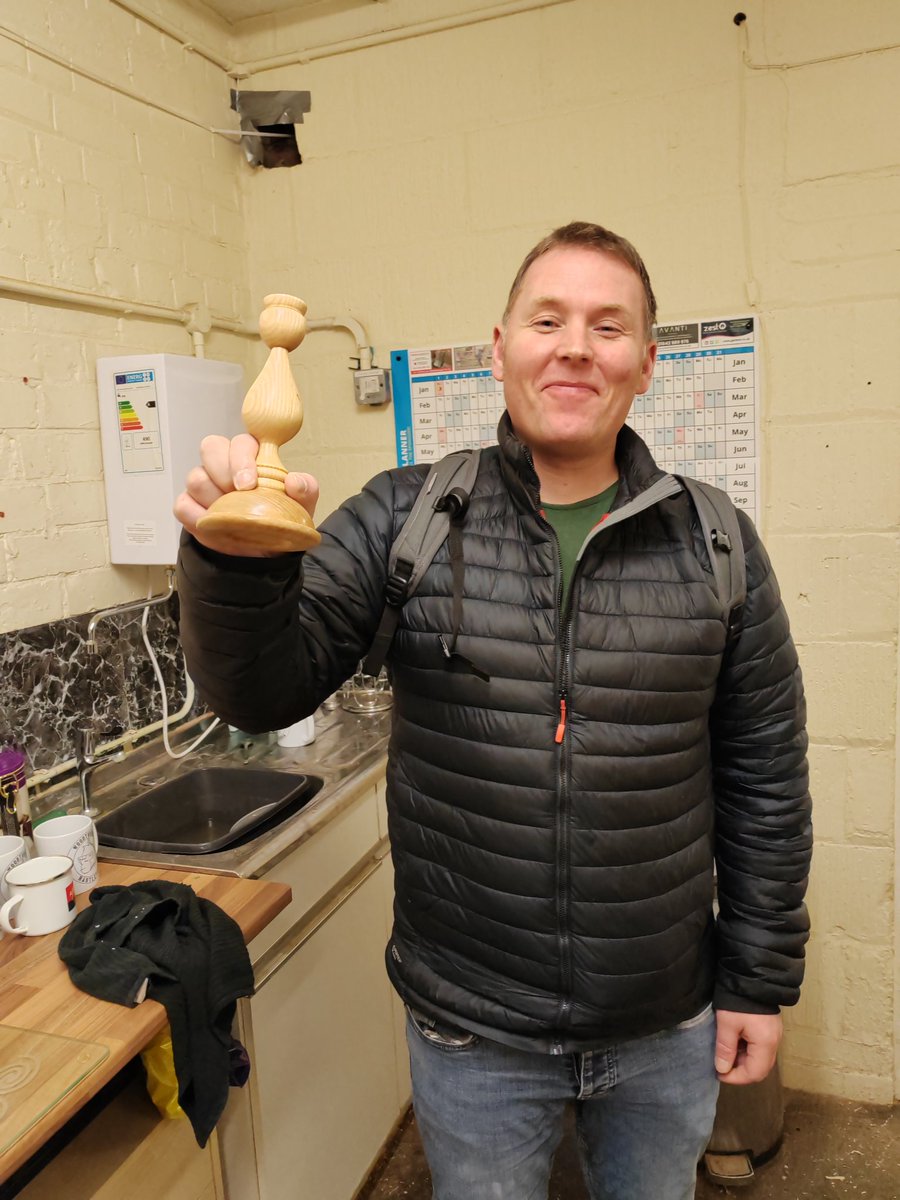 denniswake5's tweet photo. After a few weeks away due to illness and meeting's, my pupil this afternoon turned a candle holder. What we need to do now is reproduce it to make a pair of sticks and I am sure he will be able to do that no problem. We'll done for this afternoon and will see you next week. https://t.co/8VgtL8D8NH