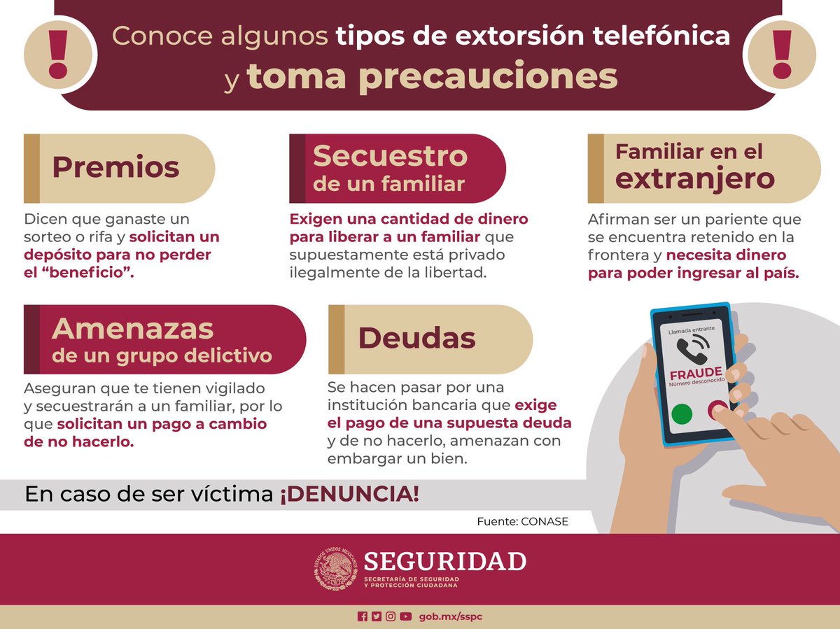 rosaicela_'s tweet photo. Conocer los tipos de extorsión  telefónica disminuirá el riesgo de que seas victima. Si lo necesitas, denuncia al 089. https://t.co/FYQ2jGK6tW