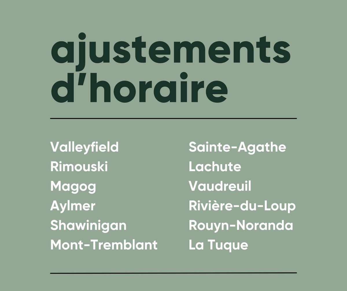 Veuillez noter qu'à partir du 25 février, les succursales suivantes fermeront à 18h les lundis, mardis et mercredis, plutôt que 21h.

Pourquoi? Ces succursales ont tout simplement un plus faible achalandage les soirs de semaine. 🦗

Merci pour votre compréhension.