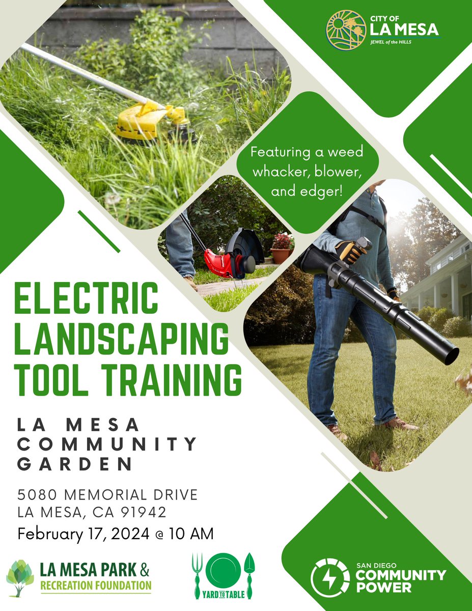 Join us and the <a href="/LaMesaCaParks/">La Mesa Parks</a> at the La Mesa Community Garden on Saturday, Feb. 17 to learn how to use a weed whacker, blower, and edger! The one hour training will start at 10 a.m. For more information, email: friends@lamesaparks.org.
