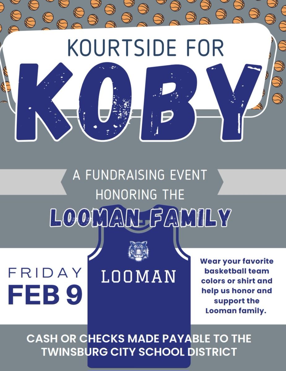 Feb. 9, 2024 is 'Kourtside for Koby' Day

Help support the Looman family w/ your participation & donations this Friday, February 9th as our Tiger family unites in 'Kourtside for Koby'. Cash donations or checks made payable to the Twinsburg City School District. #TCSDProud 💙