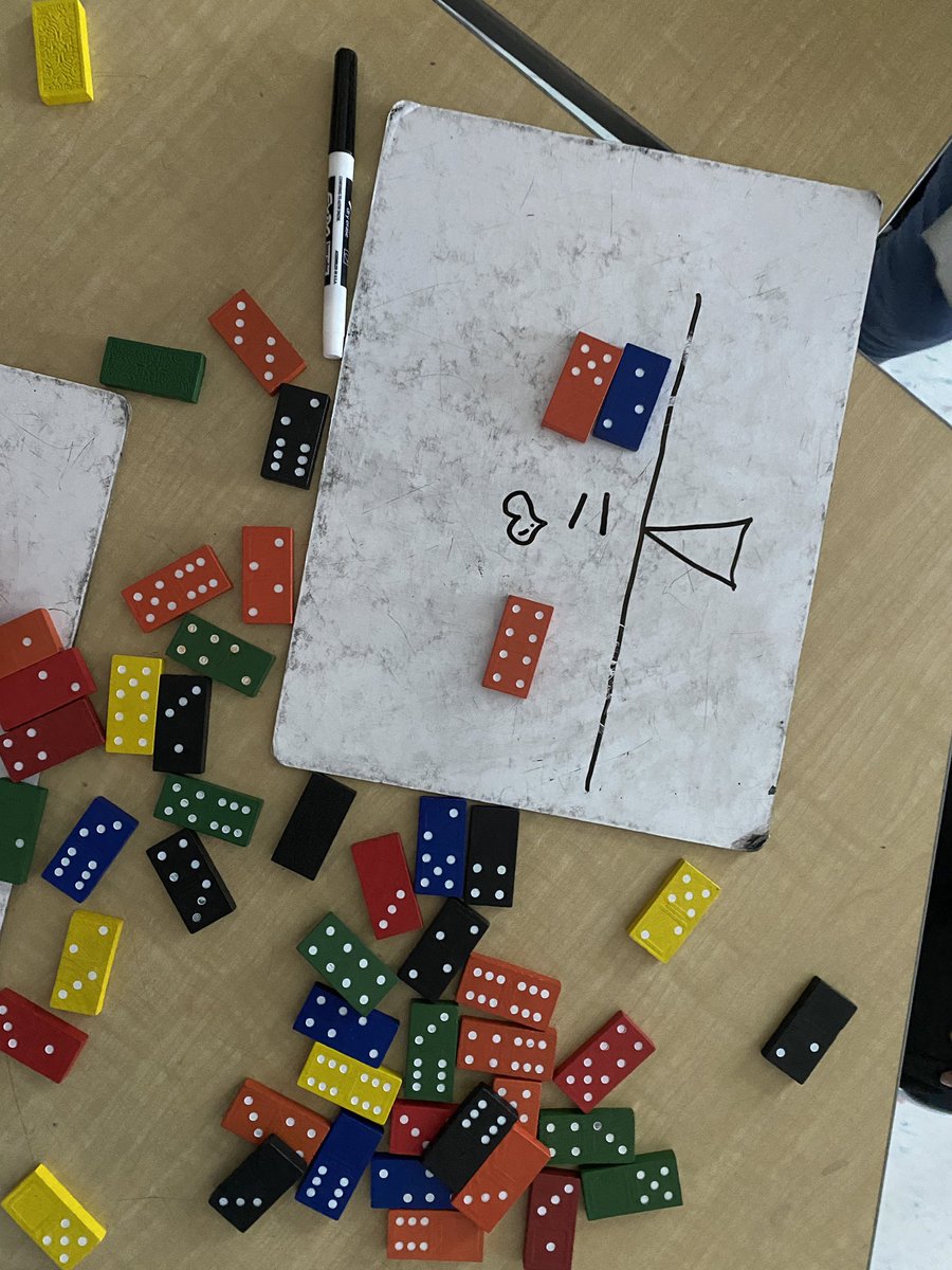 MsMacInClass's tweet image. 2C worked on some domino challenges to practice balancing equations. Can you find 2 dominoes that are equal to 1 domino? Three dominoes equal to 3 dominoes?