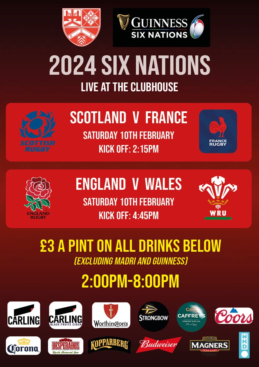 🏴󠁧󠁢󠁷󠁬󠁳󠁿 🏉 𝐒𝐈𝐗 𝐍𝐀𝐓𝐈𝐎𝐍𝐒 𝐃𝐑𝐈𝐍𝐊𝐒 𝐎𝐅𝐅𝐄𝐑 🍺

A reminder that we'll be showing live coverage of both Six Nations games on the big screens at the clubhouse this weekend.

Fixture details/this Saturday's drinks offer in the poster below 🔽

#Ymlaen #GuinessM6N