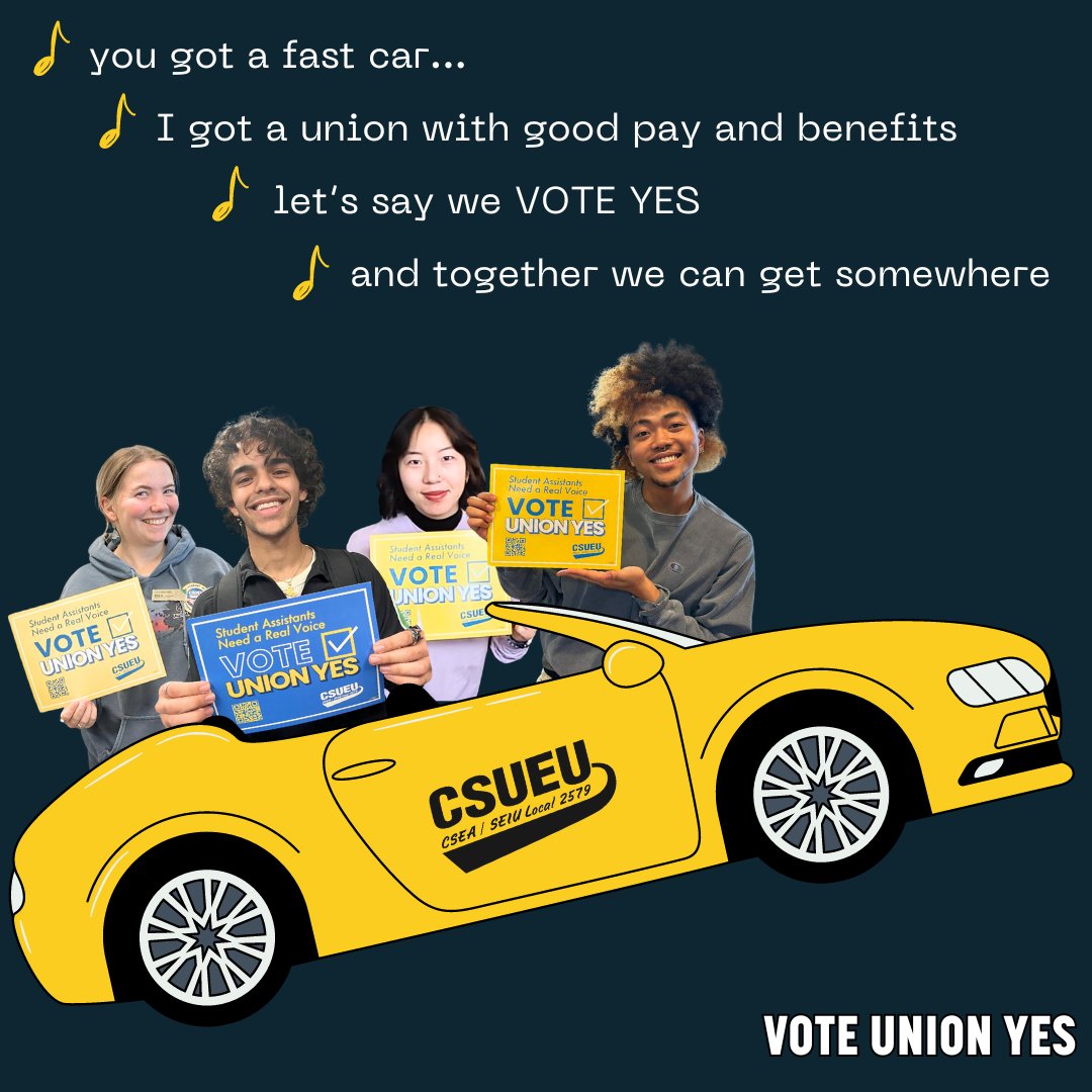 CSUEU's tweet photo. You got a fast car
I got a union to get us a better life
#UnionsForAll https://t.co/wSHZ5X1JmW