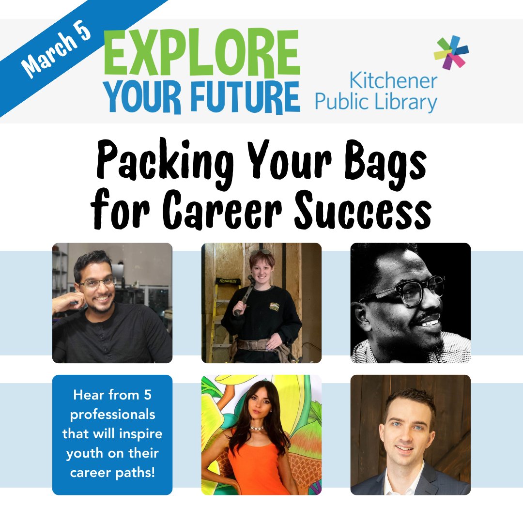 Join us at the Kitchener Public Library's Central Library on Tuesday March 5, 2024 between 6:00 - 8:30 p.m. for an interactive and engaging career event aimed at youth grades 7-12 and their caregivers. Free registration: eventbrite.ca/e/explore-your…