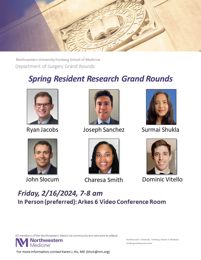 Northwestern Surgery (@nmsurgery) on Twitter photo Join us next Friday for our Spring Resident Research Grand Rounds with a stacked lineup! <a href="/RyanJacobsMD/">Ryan Jacobs, MD MS</a> <a href="/DrSurmai/">Surmai Shukla, MBBS</a> @JohnDSlocum <a href="/CharesaJSmith/">Charesa Smith</a> <a href="/karenholab/">Karen J. Ho, MD</a> <a href="/purplesurg/">NW Gen Surg Residents</a> Join us next Friday for our Spring Resident Research Grand Rounds with a stacked lineup! <a href="/RyanJacobsMD/">Ryan Jacobs, MD MS</a> <a href="/DrSurmai/">Surmai Shukla, MBBS</a> @JohnDSlocum <a href="/CharesaJSmith/">Charesa Smith</a> <a href="/karenholab/">Karen J. Ho, MD</a> <a href="/purplesurg/">NW Gen Surg Residents</a>