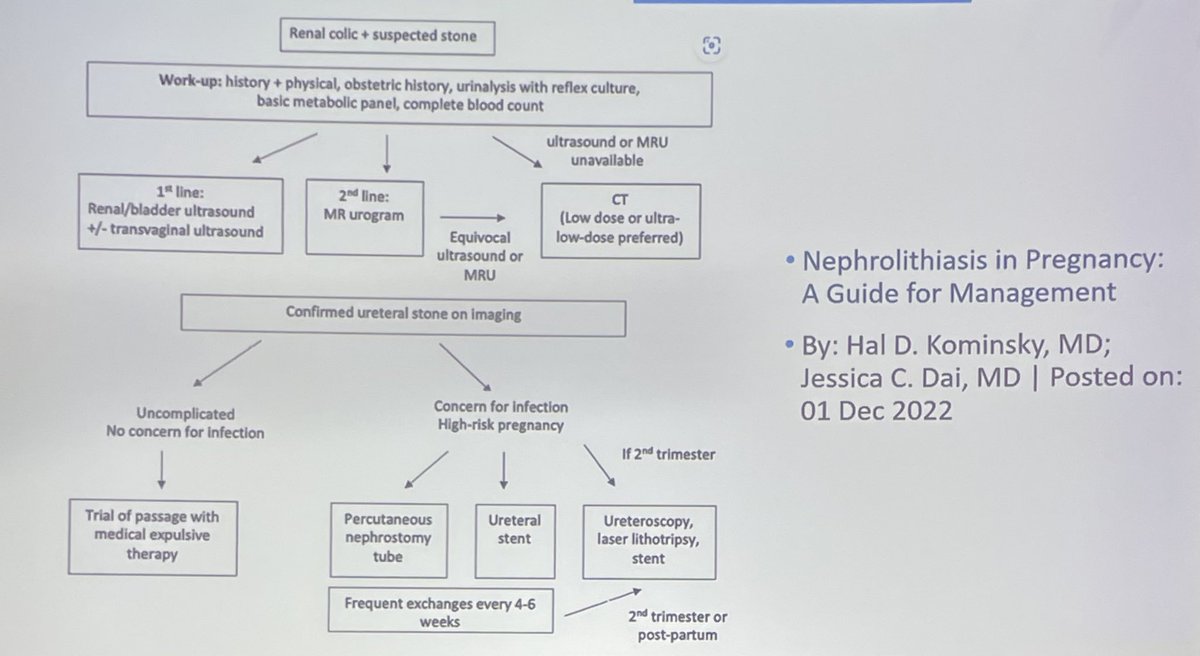 Stones in pregnancy: - Low dose CT safe in 2nd and 3rd trimester - No NSAIDs in 3rd trimester - Tamsulosin is safe - Contraindicated ESWL and PCNL - Exchange stent / nephrostomy every 4-6 weeks @MayoUrology #MayoUroHawaii24