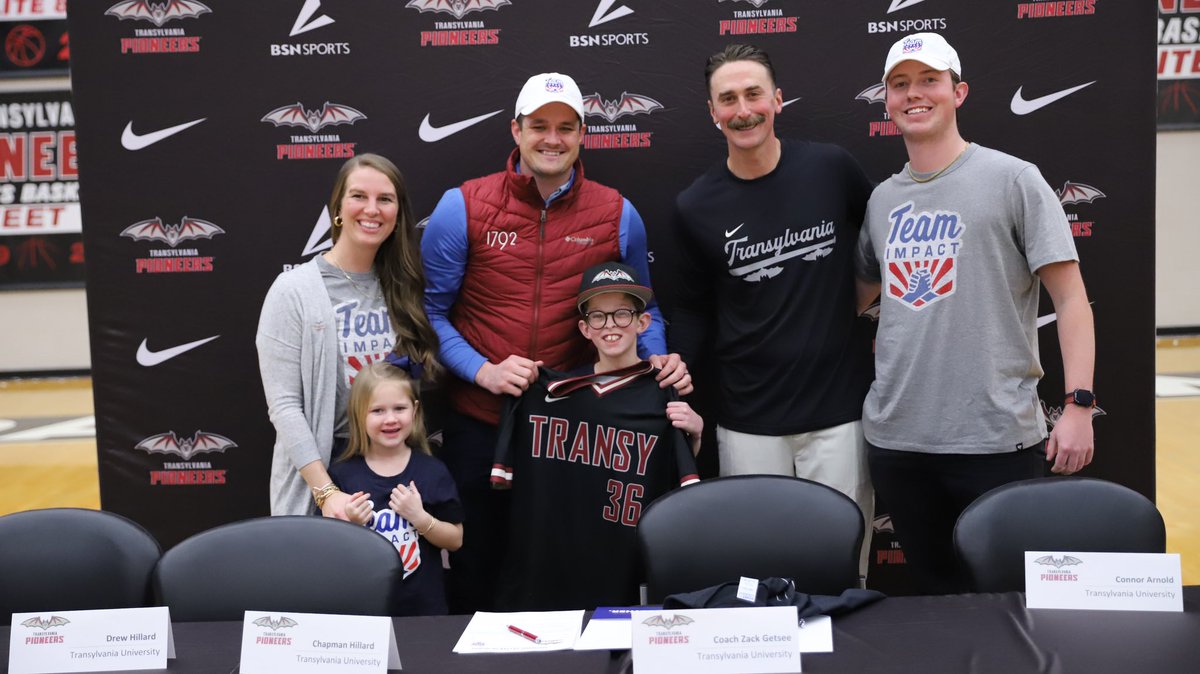 TransySports's tweet photo. “I’m gonna be on Transy.”

Yesterday at halftime of the men’s basketball game, @TransyBaseball signed its newest recruit, 9 year old Chapman Hillard.

Through Team Impact, a program that connects college athletic teams with children battling serious or chronic illnesses, Transylvania Baseball was able to make Chapman an official member of the team! 

Chapman will be wearing number 36 this season for the Pioneers!

#FlyPios🦇