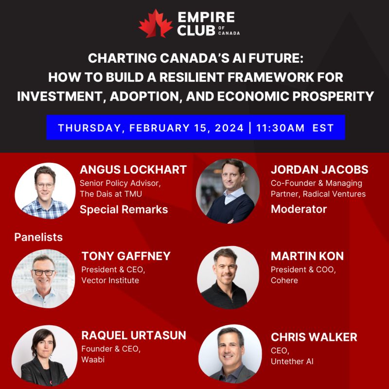 Join us at the Empire Club on February 15 for a panel discussion featuring @RaquelUrtasun and other distinguished Canadian AI leaders as they dive into building a framework to lead Canada's AI future forward. Secure your spot by registering here: empireclubofcanada.com/event/charting…