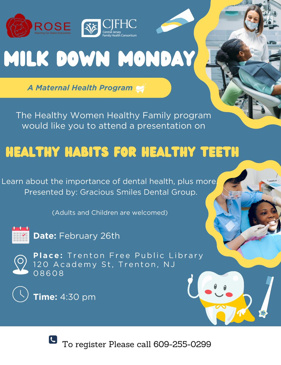 info_cjfhc's tweet photo. Dive into #MilkDownMonday on Feb 26, 2024, 4PM @ Trenton Free Public Library. Learn dental hygiene's importance &amp; get tips for a dazzling smile at our "Healthy Habits for Healthy Teeth" workshop hosted by Healthy Women Healthy Families &amp; Gracious Smiles Dental Group. https://t.co/eJjAGgnpQx