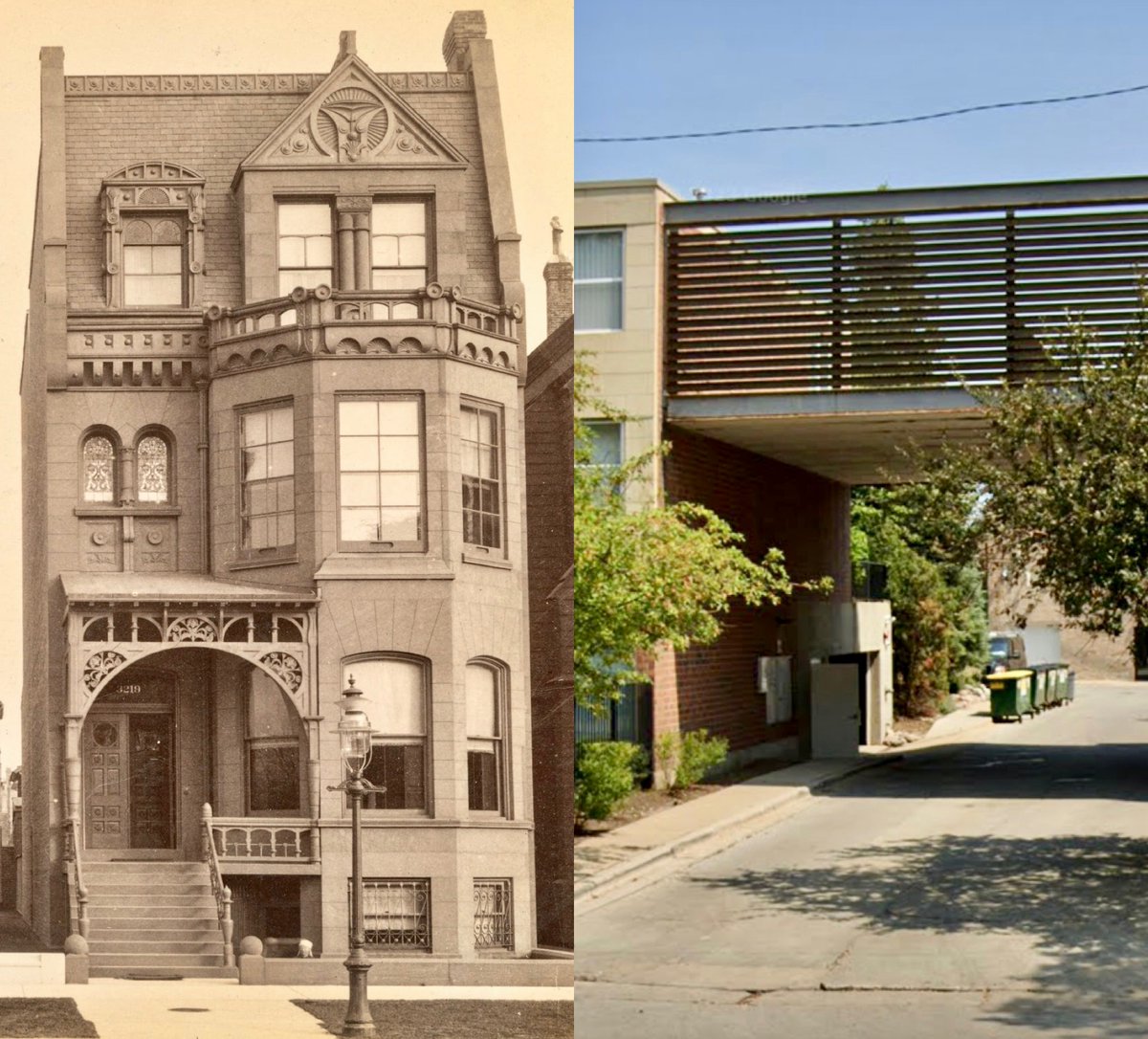 Before and after: Adler & Sullivan’s Louis Frank House (1884) at 3155 S. Michigan Ave. Prior to its demolition in 1968, the building was used by VanderCook College of Music.