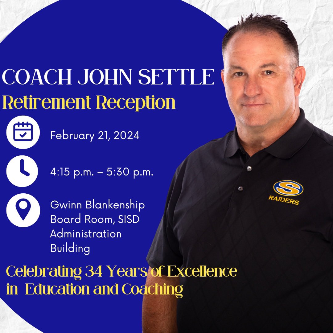 SunnyvaleISD's tweet photo. 𝗝𝗼𝗶𝗻 𝗨𝘀 𝗙𝗼𝗿 𝗖𝗼𝗮𝗰𝗵 𝗦𝗲𝘁𝘁𝗹𝗲’𝘀 𝗥𝗲𝘁𝗶𝗿𝗲𝗺𝗲𝗻𝘁 𝗣𝗮𝗿𝘁𝘆!
Join us for a reception in his honor on Wednesday Feb 21, 2024 - 4:15pm – 5:30pm - SISD Board Room.
𝗣𝗹𝗲𝗮𝘀𝗲 𝗥𝗦𝗩𝗣 𝗮𝘁 𝘁𝗵𝗲 𝗹𝗶𝗻𝗸 𝗯𝗲𝗹𝗼𝘄:
https://t.co/B1khTm5tG8... https://t.co/YnoWkfkHmN