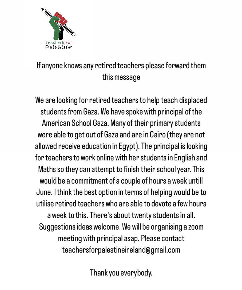 Can you volunteer a couple of hours a week to help teach students displaced from Gaza? 

If so please DM or email us
teachersforpalestineireland@gmail.com

<a href="/INTOnews/">INTO (Irish National Teachers' Organisation)</a> <a href="/TUIunion/">Teachers' Union Ire.</a> <a href="/astiunion/">ASTI</a>