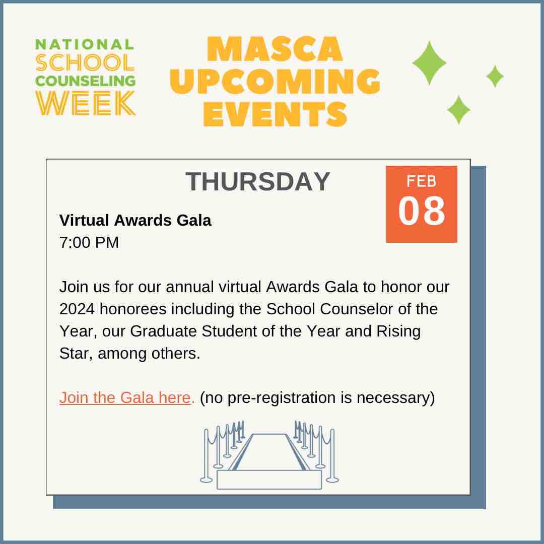 Happy day 4 of National School Counseling Week! ✨ Join us for our awards gala via Zoom! Look for the link in your email or on masca.org. Support your fellow Massachusetts counselors! 🏆 #NSCW24 #MASCACounselors