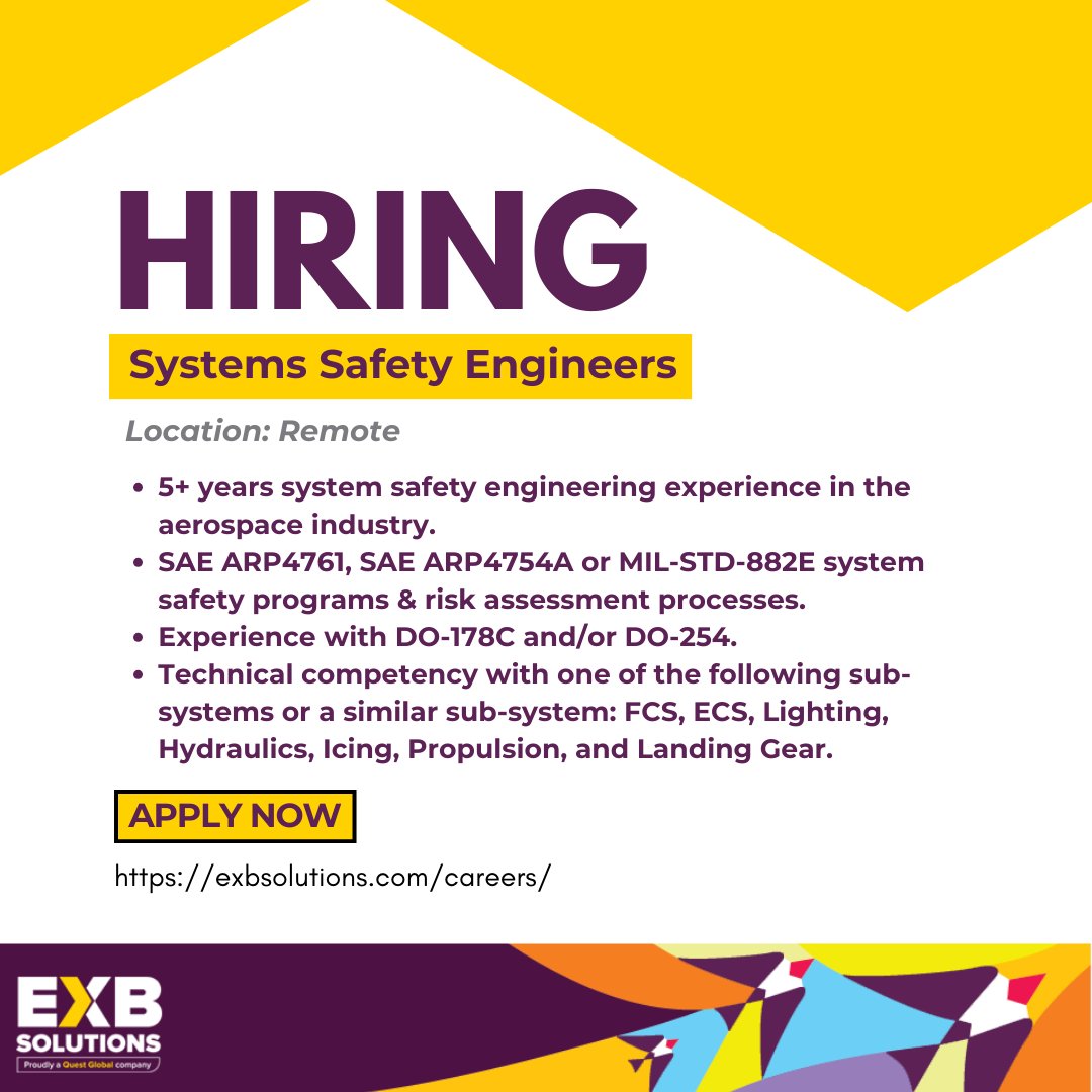 Join our team! We are actively hiring #SystemsSafety #Engineers who possess a strong background in #MBSE and experience with #FCS #ECS #Lighting #Hydraulics #Icing #Propulsion #LandingGear
Apply:
exbsolutions.com/jobs/system-sa…
#hiringalert #remoteopportunity #engineeringjobs #remotework