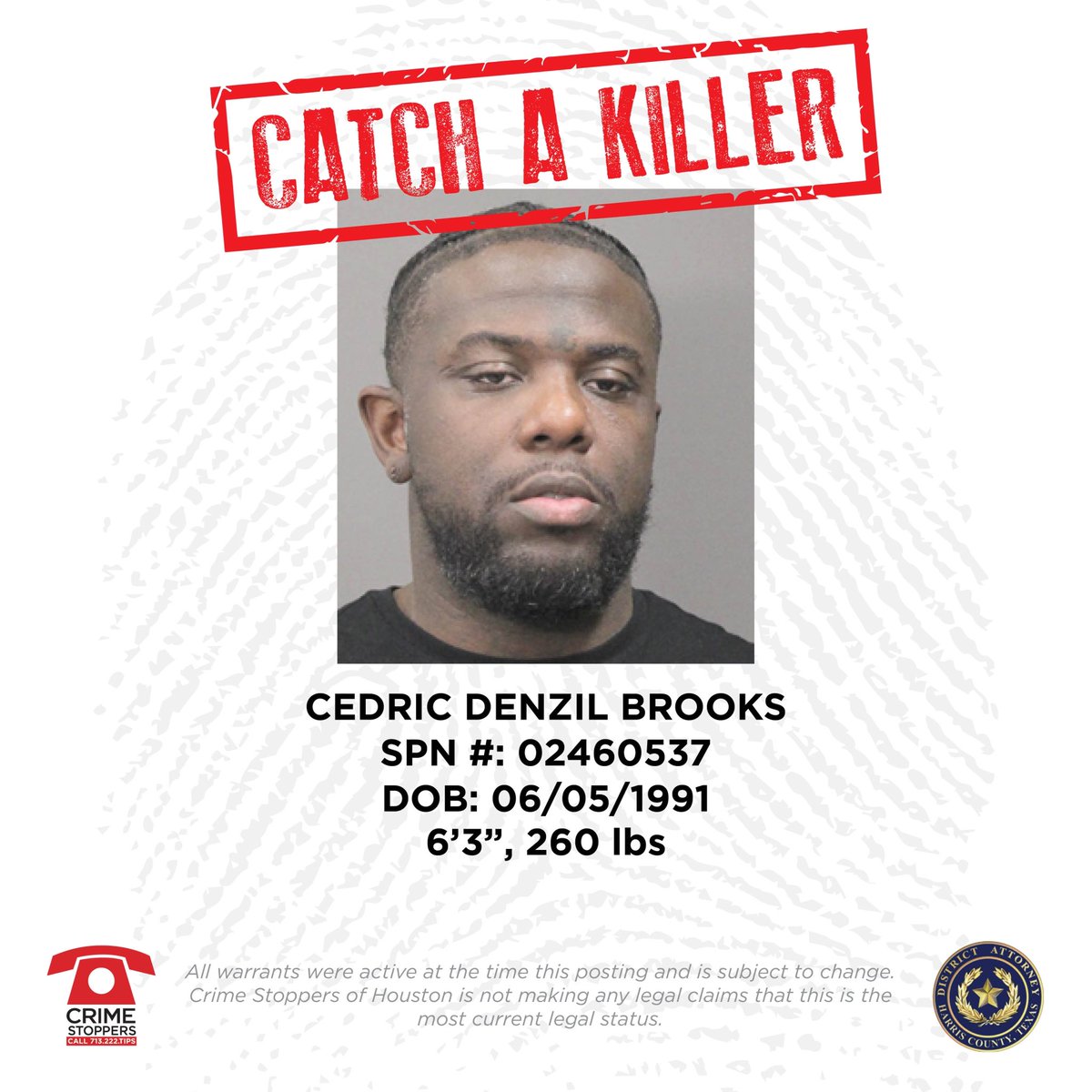 #CatchaKiller Feature: Cedric Denzil Brooks. On Dec. 18, 2023, fugitive Cedric Brooks fatally shot 34-year-old victim, Jarrick Hoskins, during a verbal altercation that became physical. Brooks fled from the scene & remains at large.
 
☎️: 713-222-TIPS
Reward of up to $5,000