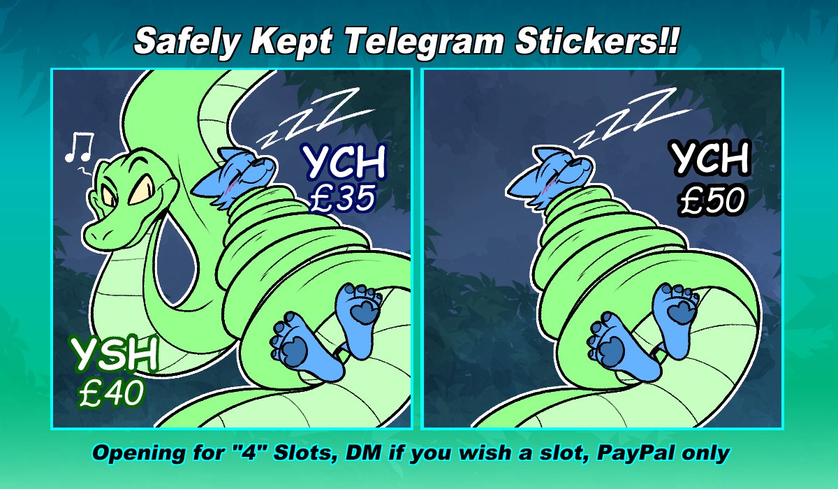 Want a chance to be taken away for the night? Perhaps with your favourite snake showing how happy they are with their catch? Then you too can have a Safely Kept sticker made by me~ DM for details for either or both sticker types or to ask more info.