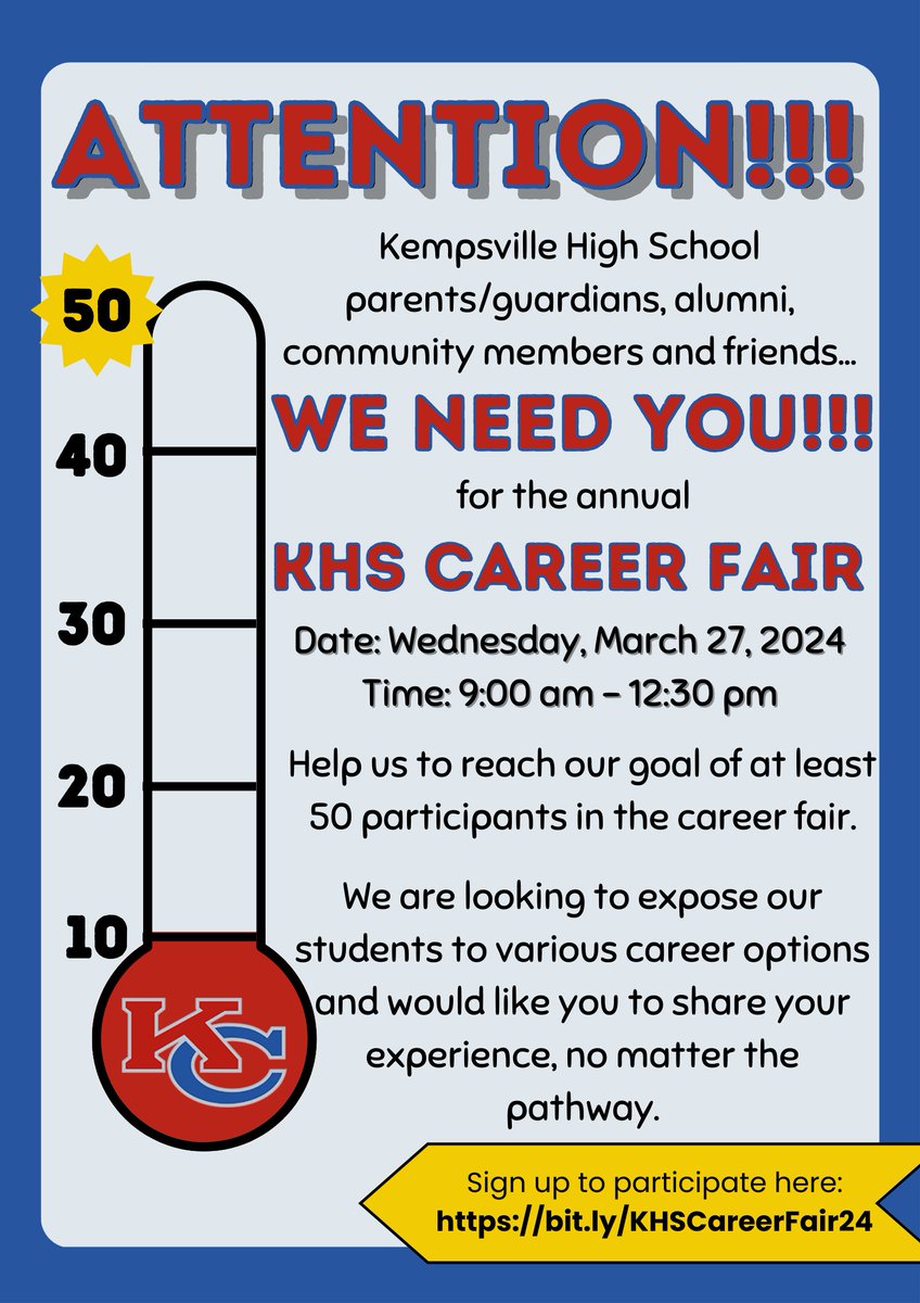 KHS_Chiefs's tweet photo. Calling all KHS parents, alumni, community members and friends! We're looking for you to participate in our upcoming career fair on Wednesday, March 27th. We would like to expose our students various career pathways, including careers via college, trades, service,  and more! https://t.co/eNPcCpRm5k