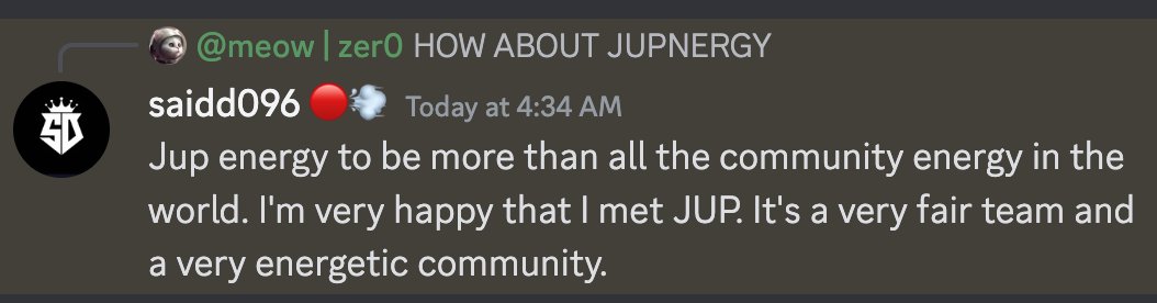 Jup pfps is such a fun idea, would be a great marketing and community building project!

Also, had a really fun conversation in discord about Jupiter energy drinks (JUPERGY??). mb it might just happen!

PS: Discord is rocking rn, come join in if you want!

discord.gg/jup