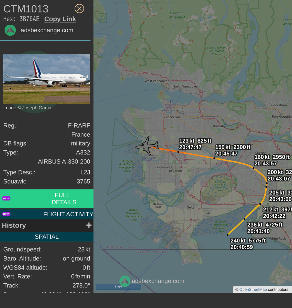 FlottePresident's tweet photo. 🛬 L'Airbus A330-200 🇫🇷 République Française immatriculé #FRARF a atterri près de Richmond, Canada.

📋 Bilan (estimation) :
~ 6h02 de vol
~ 5.123 km parcourus
~ 33.700 kg de carburant consommé

Revoir ce vol #CTM1013 : https://t.co/y5nVTrHXWk https://t.co/H8DHGHMqF3