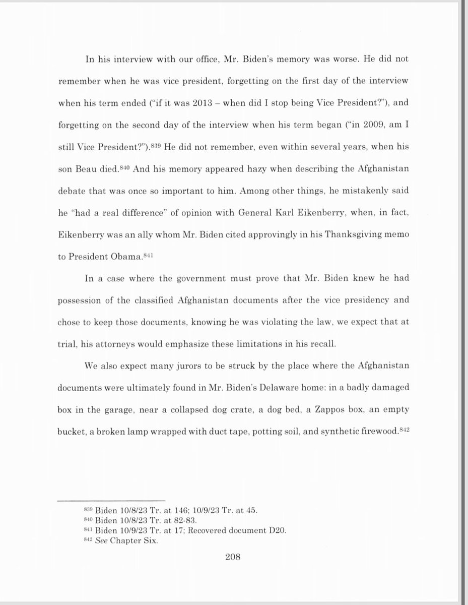 “He did not remember, even within several years, when his son Beau died” Essentially, Biden prosecution would likely be unsuccessful because his memory is so bad it would be hard to establish key facts. How do you possibly ask voters to give you another four years in office…