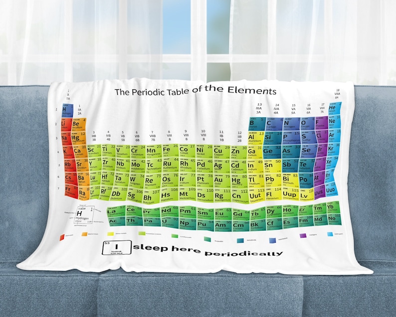 Happy National Periodic Table of the Elements Day!
Wrap yourself up in this colorful and personalized Elements throw blanket to celebrate! 
 #periodictable #periodictableoftheelements #sciencequiz #chemistry #chemist #chemistryteacher