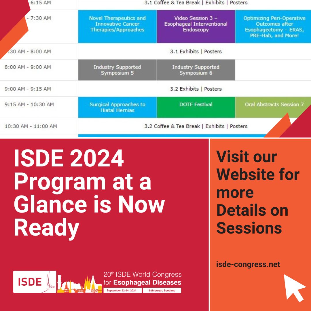 The #ISDE2024 team is excited to share that the overview of the congress program is now available! Visit our website at isde-congress.net/program-at-a-g… to acquaint yourself with the workshops, sessions, and presentations that await you at the congress. #EsophagealHealth
